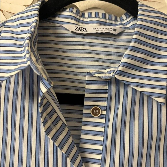 ZARA Mini Shirt Dress With Ruffles Blue & White Striped • Like New - Picture 2 of 6